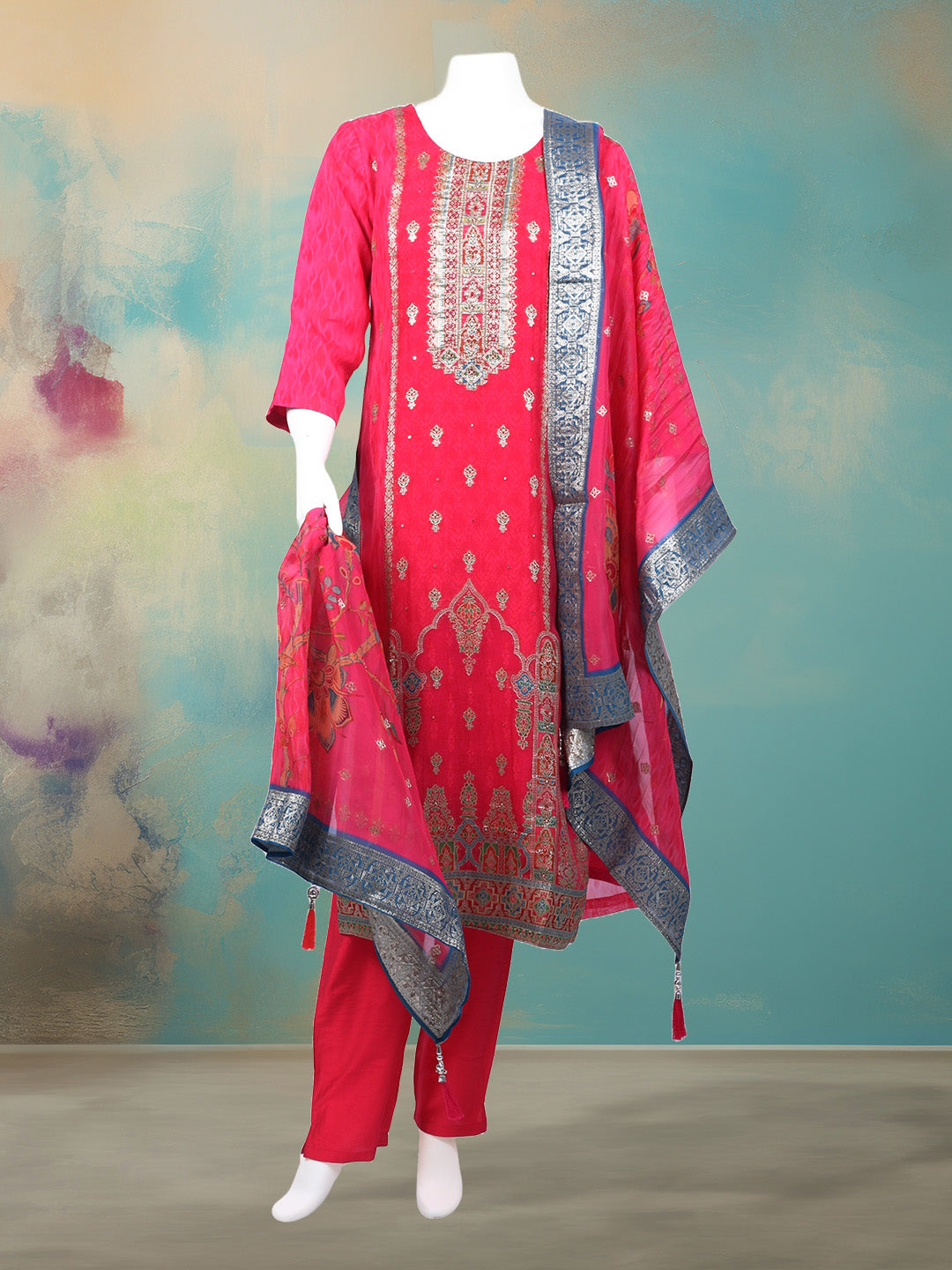 Bandhani Printed Organza Kurta With Pants & Dupatta