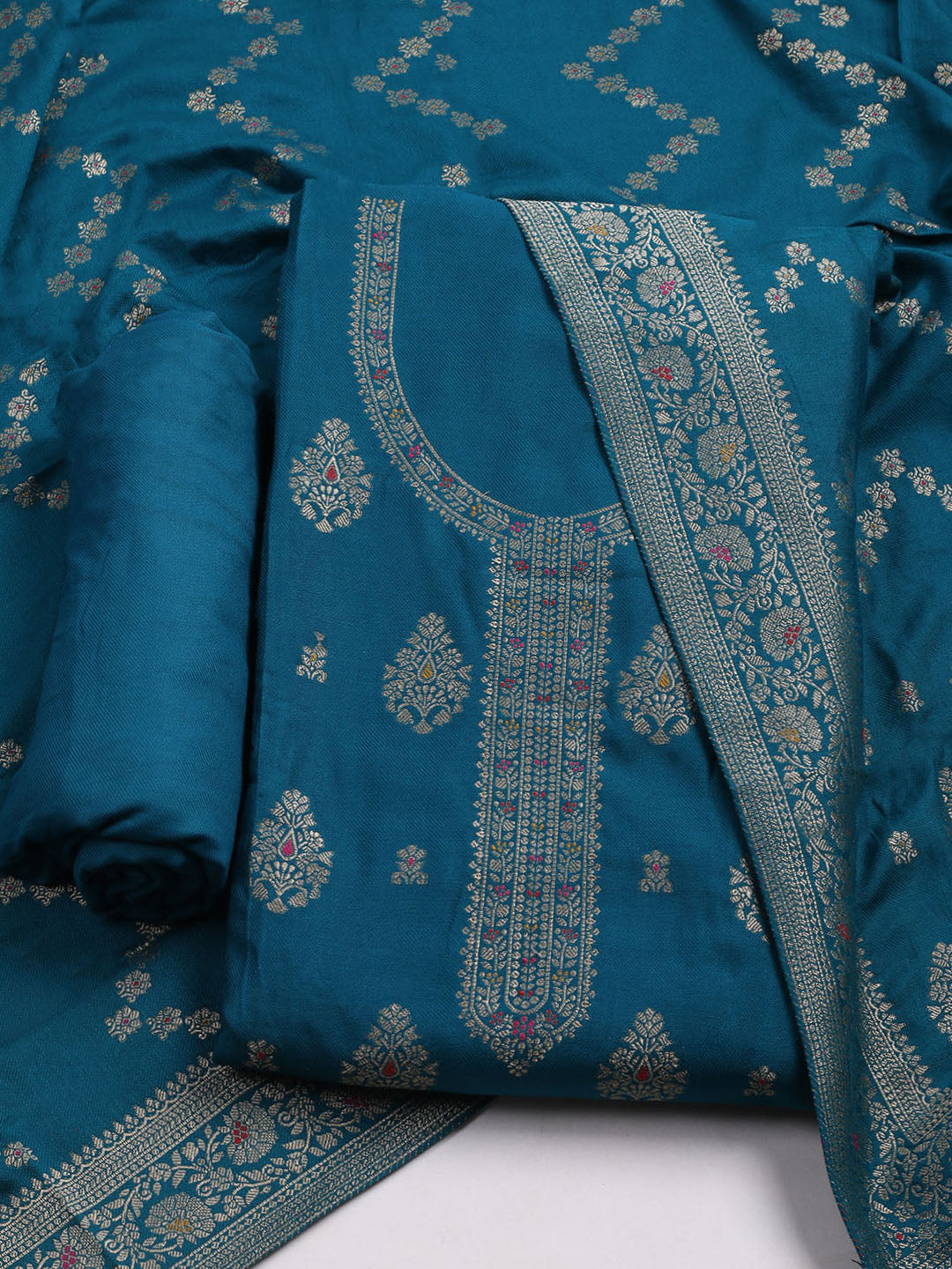 Pashmina Woven Design Unstitched Kurta With Pant &amp; Dupatta
