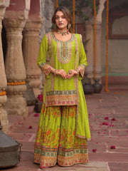 Embroidered Chinnon Silk Kurti With Gharara & Dupatta