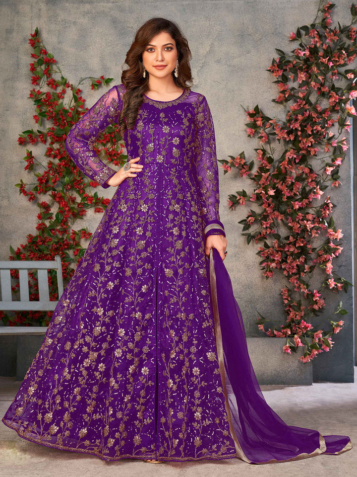 Embroidered Net Semi Stitched Kurta With Pant &amp; Dupatta