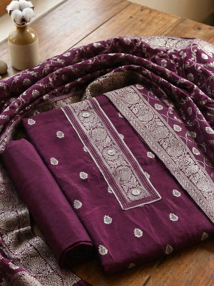 Embroidered Chanderi Unstitched Suit With Pant &amp; Dupatta