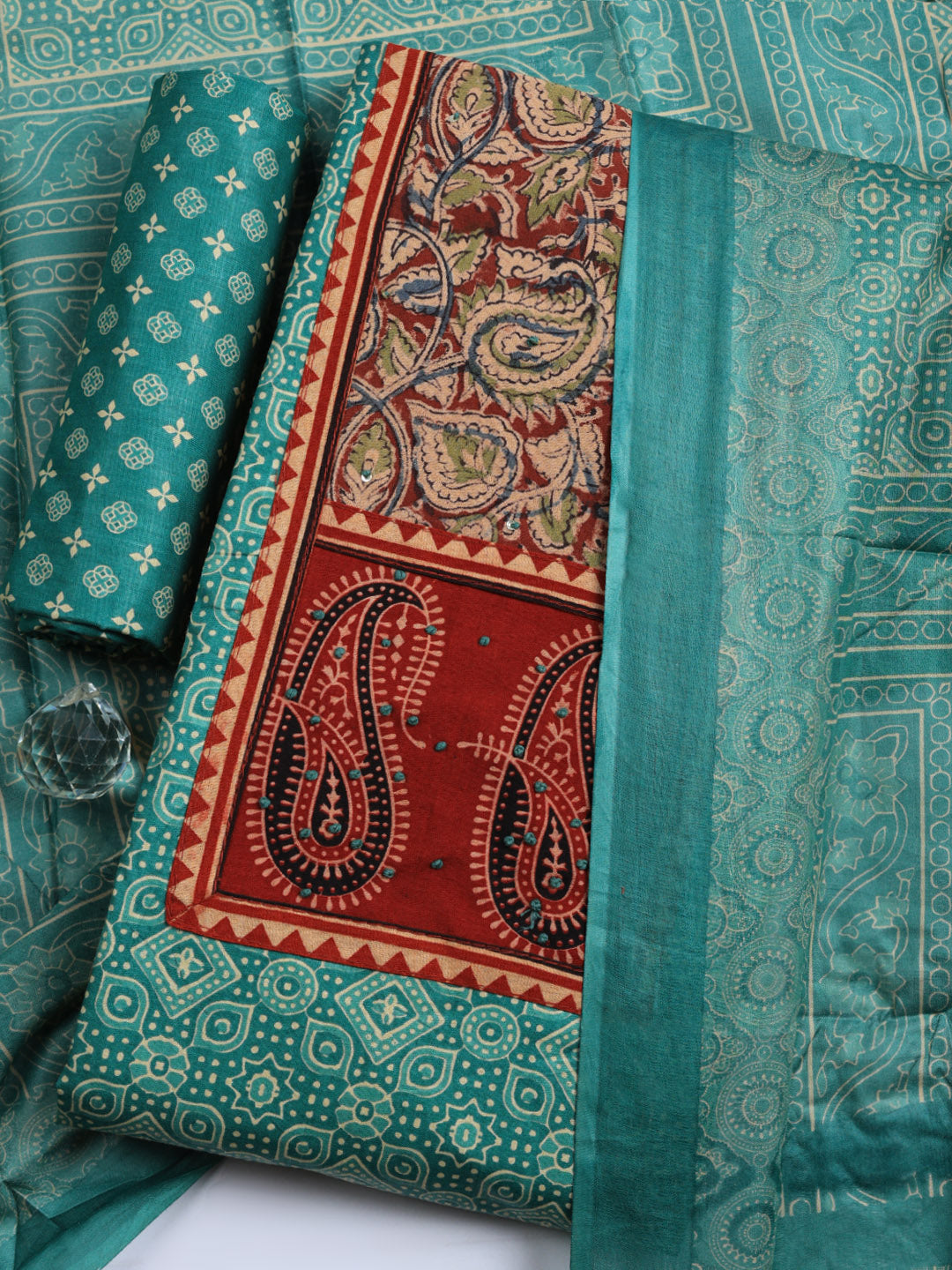 Printed Cotton Blend Unstitched Suit With Pant &amp; Dupatta