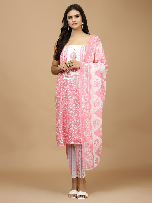 Printed Cotton Blend Unstitched Suit With Dupatta