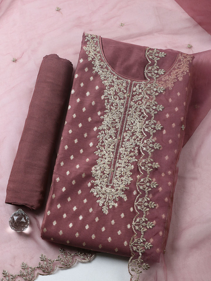 Embroidered Chanderi Unstitched Suit With Pant &amp; Dupatta