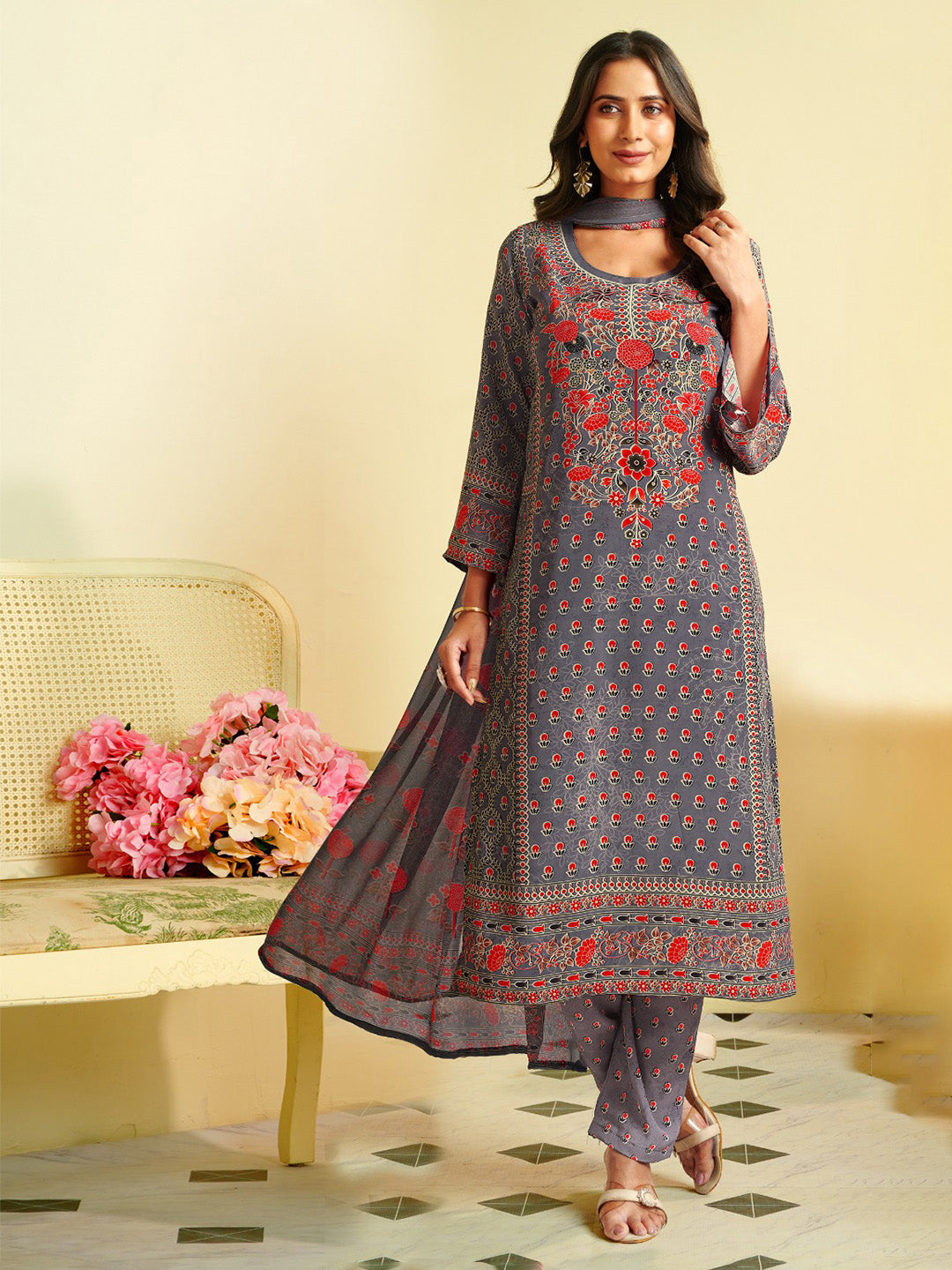 Printed Crepe Unstitched Suit With Pant &amp; Dupatta