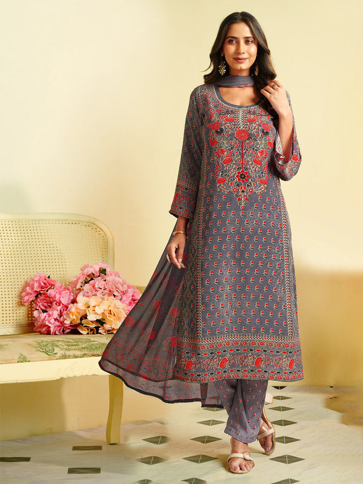 Printed Crepe Unstitched Suit With Pant &amp; Dupatta