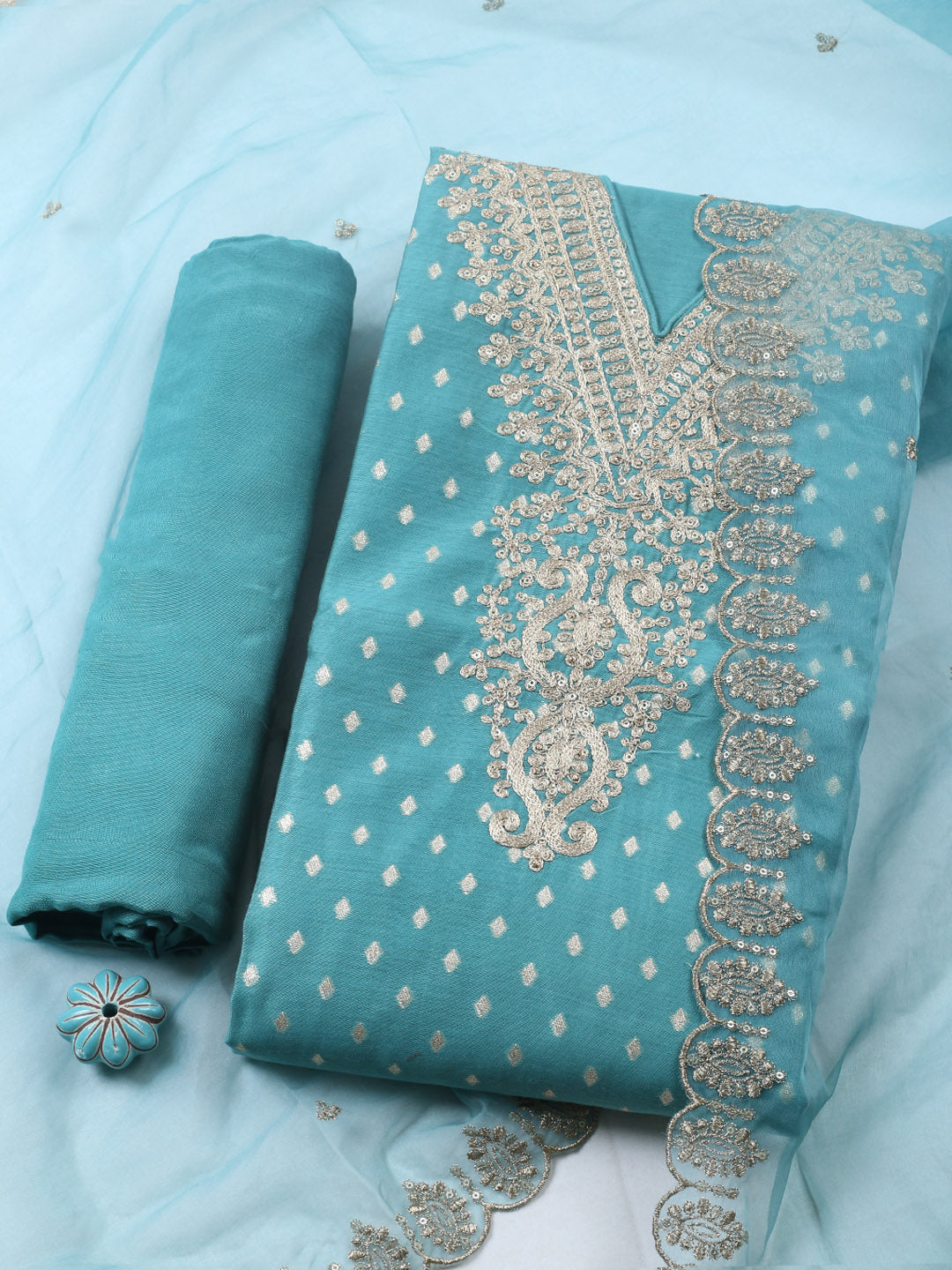 Embroidered Chanderi Unstitched Suit With Pant &amp; Dupatta