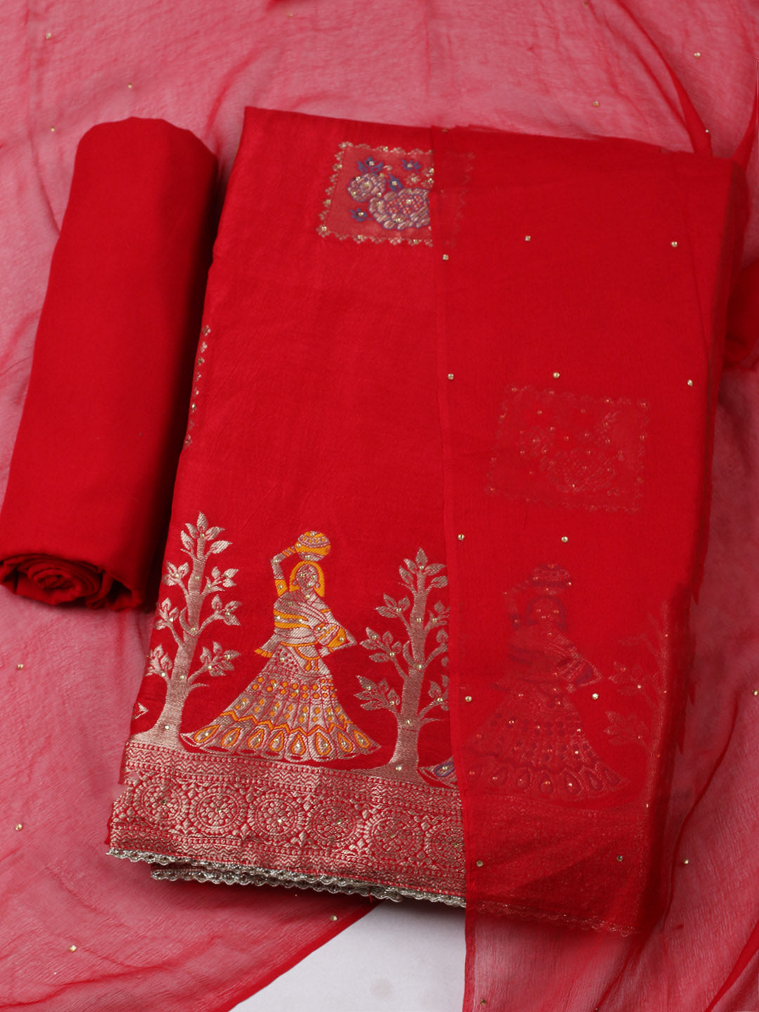 Woven Design Chanderi Unstitched Suit With Pant &amp; Dupatta