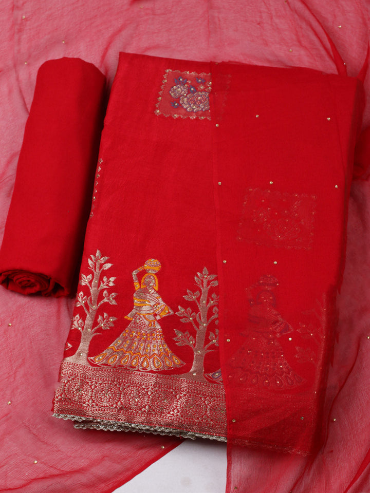 Woven Design Chanderi Unstitched Suit With Pant &amp; Dupatta
