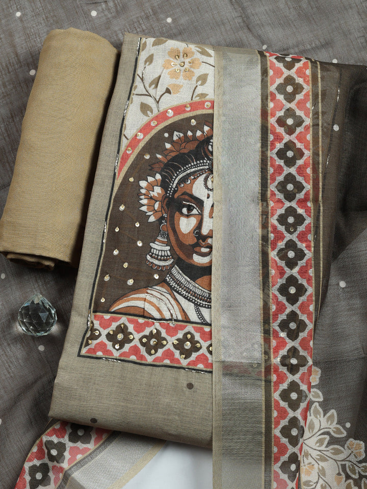 Printed Linen Blend Unstitched Suit With Pant &amp; Dupatta