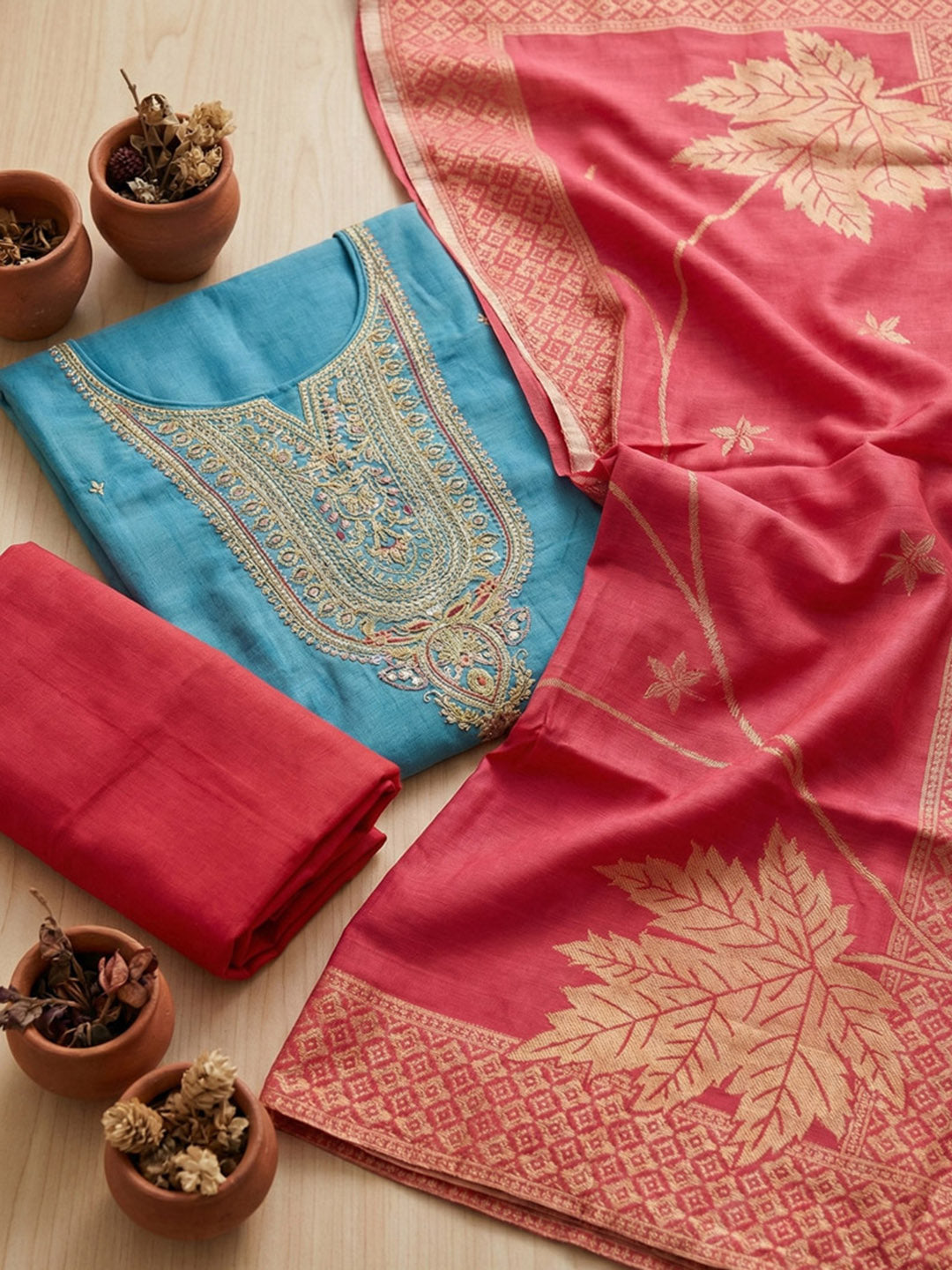 Embroidered Chanderi Unstitched Suit With Pant &amp; Dupatta