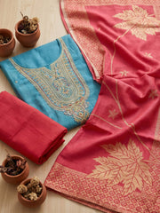 Embroidered Chanderi Unstitched Suit With Pant & Dupatta