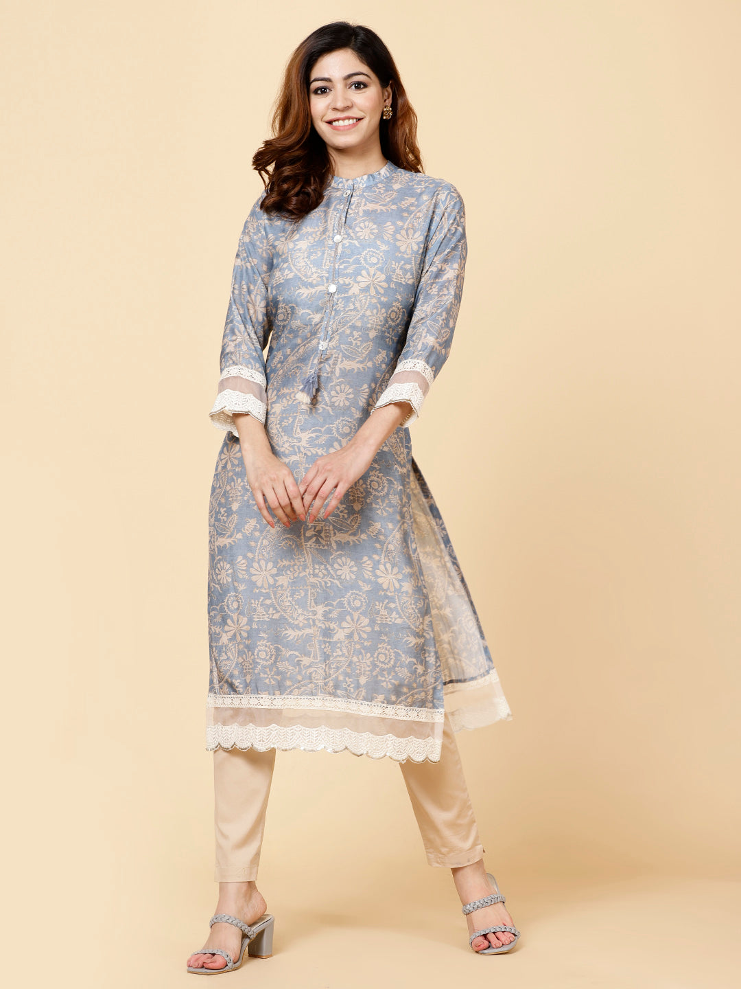 Floral Printed Mandarin Neck Muslin Kurta