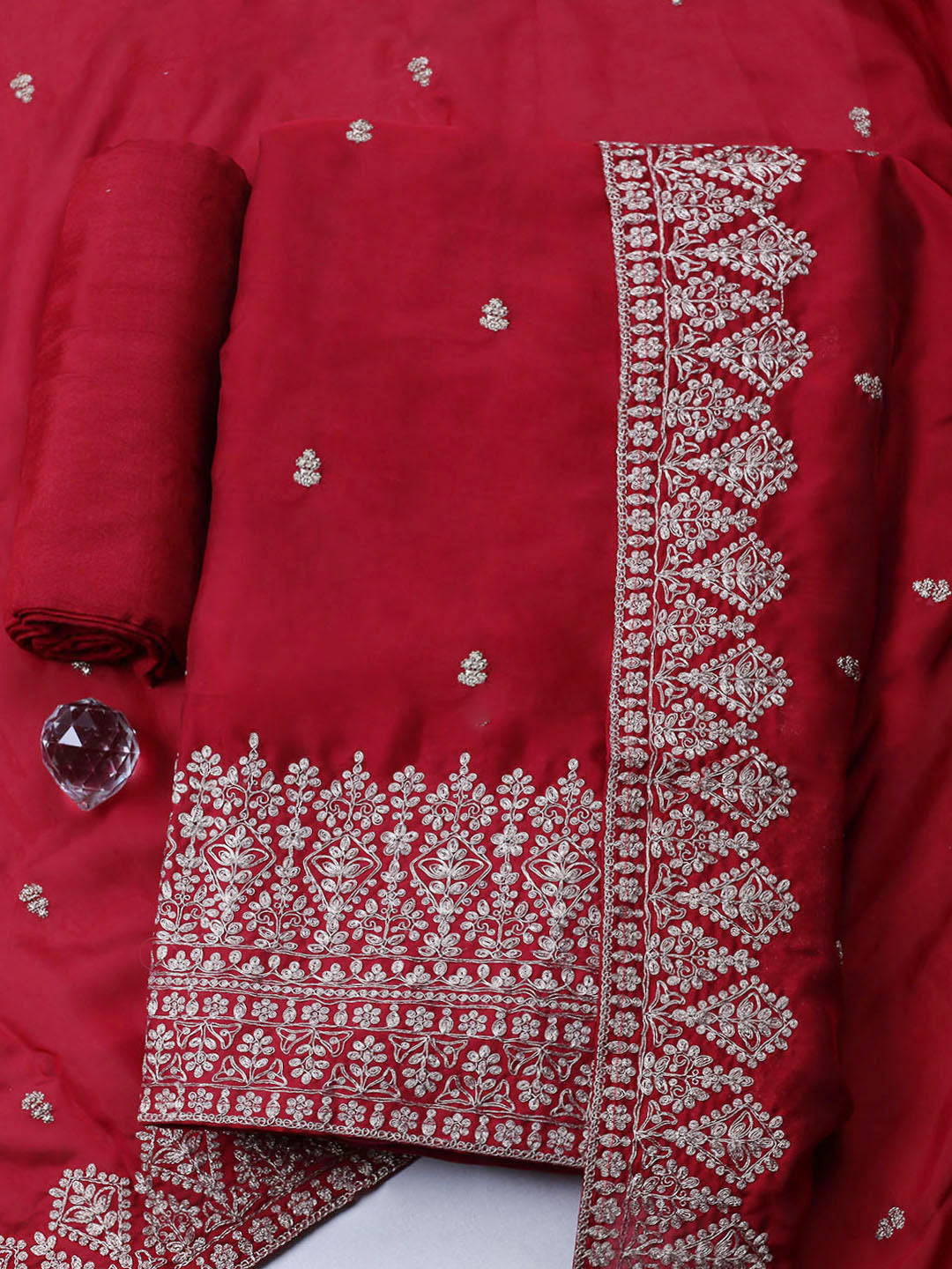 Embroidered Chanderi Unstitched Suit With Pant &amp; Dupatta