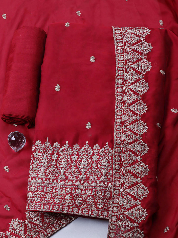 Embroidered Chanderi Unstitched Suit With Pant &amp; Dupatta
