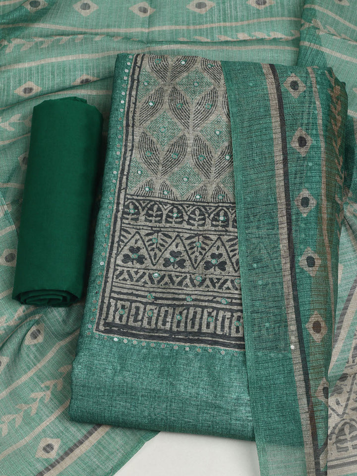 Printed Chanderi Unstitched Suit With Pant &amp; Dupatta
