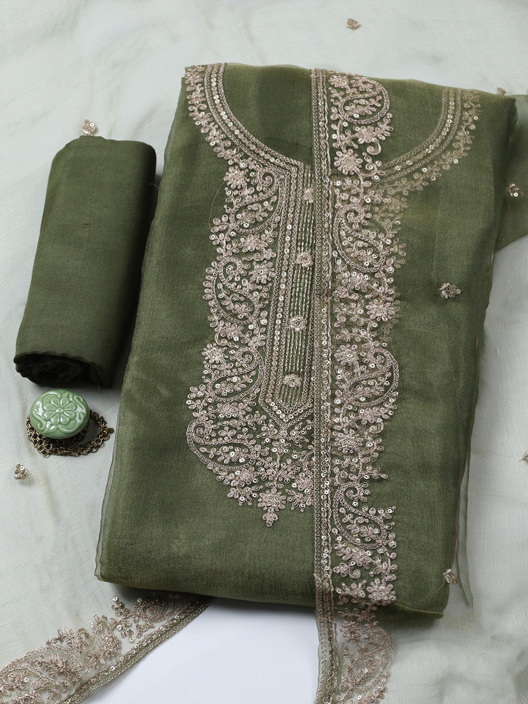 Embroidered Tissue Unstitched Suit With Pant &amp; Dupatta