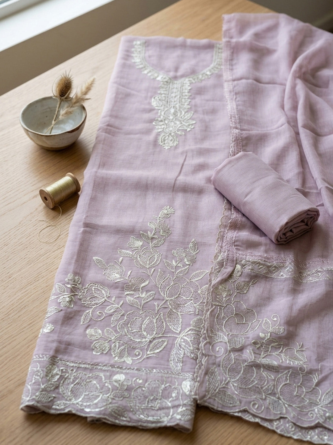 Embroidered Chanderi Unstitched Suit Pant &amp; Dupatta