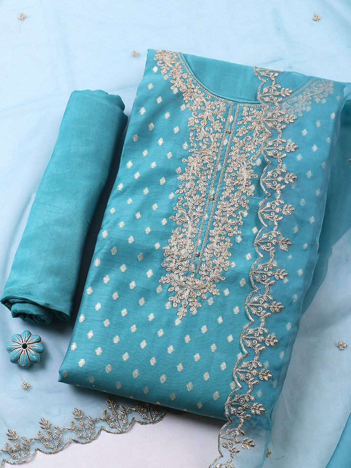 Embroidered Chanderi Unstitched Suit With Pant &amp; Dupatta