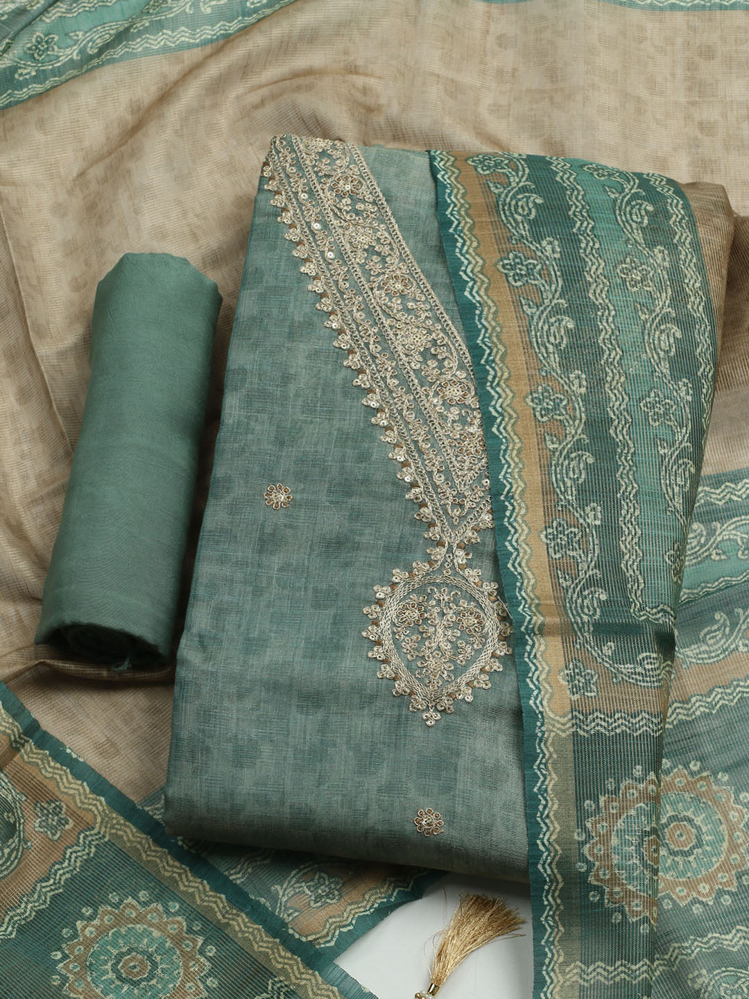 Embroidered Tissue Unstitched Kurta With Pant & Dupatta
