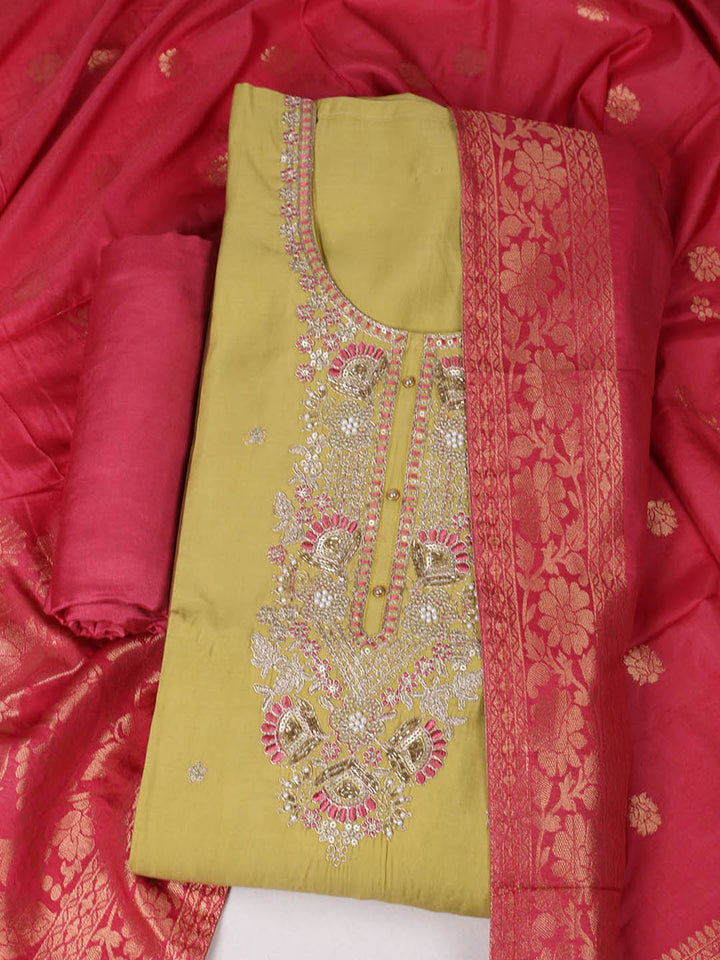 Embroidered Chanderi Unstitched Suit With Pant &amp; Dupatta