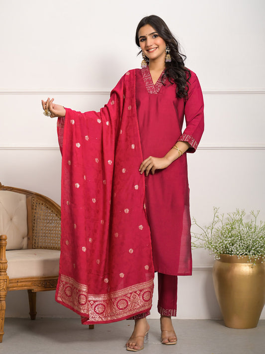 Neck Embroidered Chanderi Kurta With Pants & Dupatta