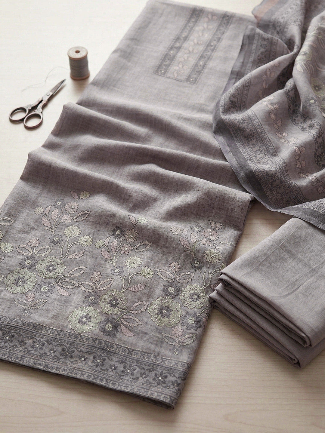 Embroidered Linen Blend Unstitched Suit With Pant &amp; Dupatta