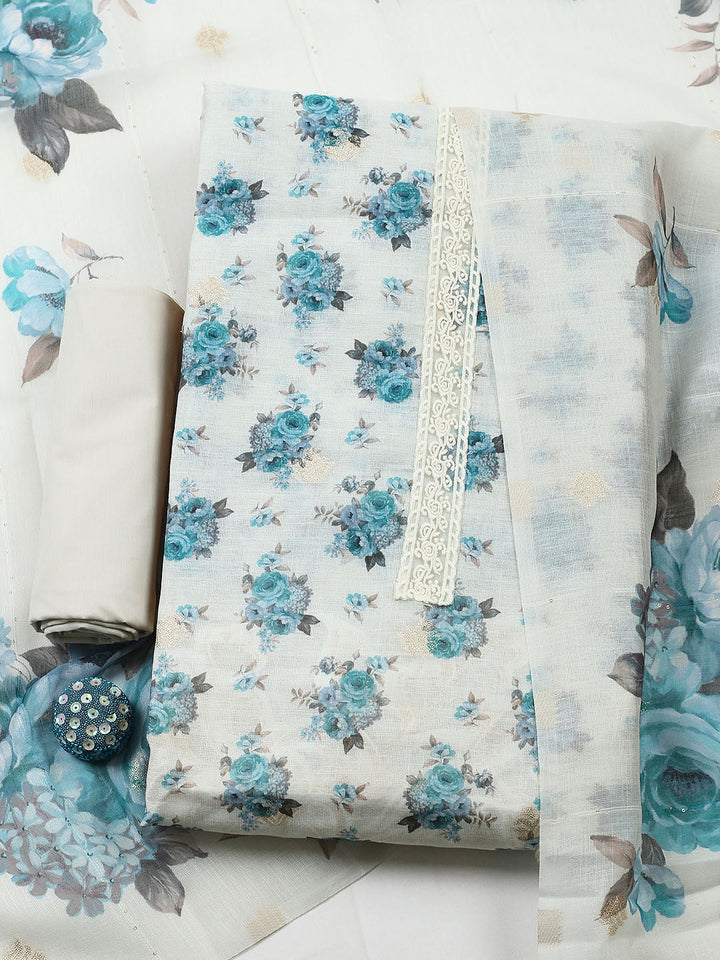 Embroidered Linen Blend Unstitched Suit With Pant &amp; Dupatta