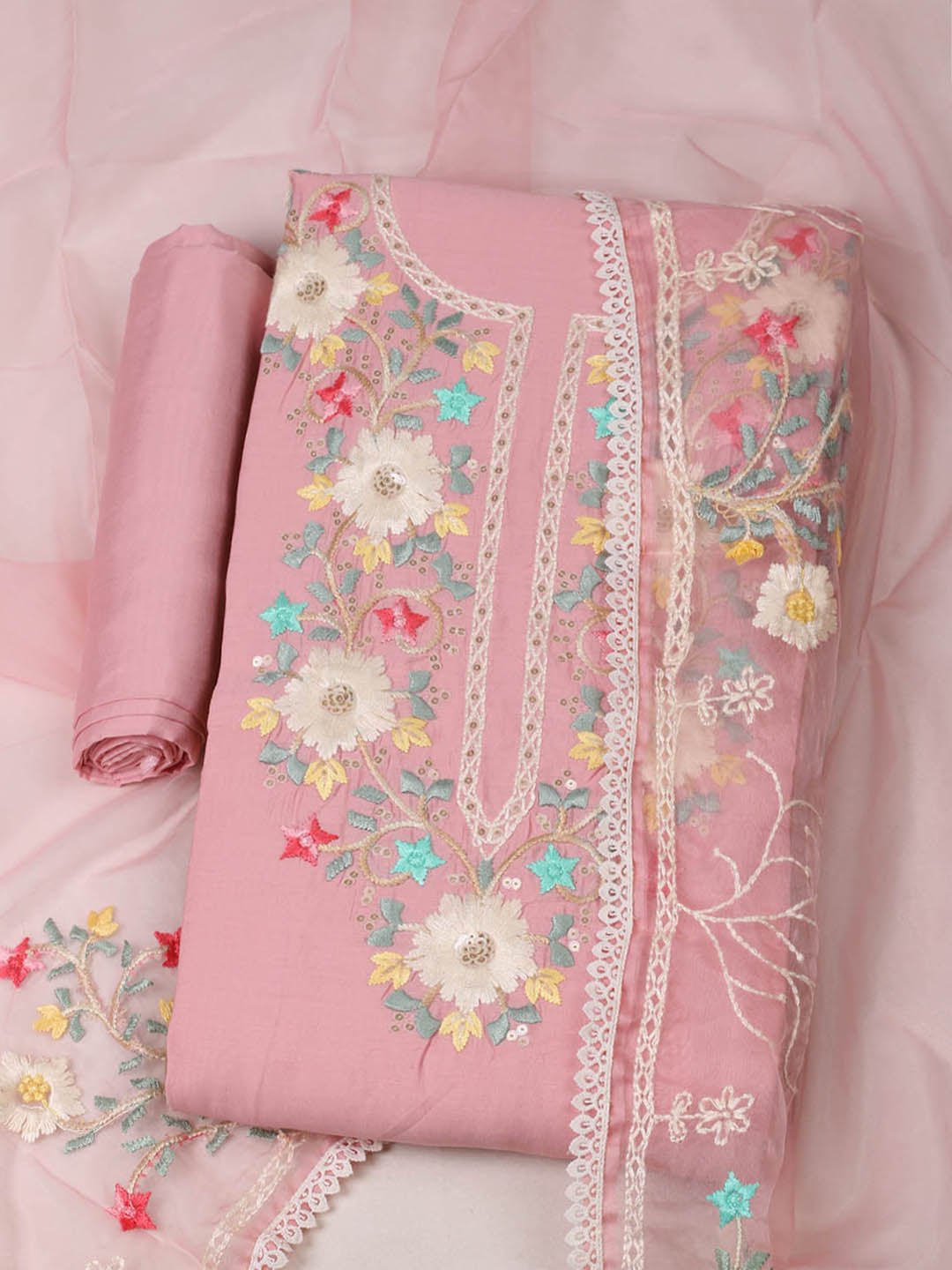 Embroidered Chanderi Unstitched Suit With Pant &amp; Dupatta