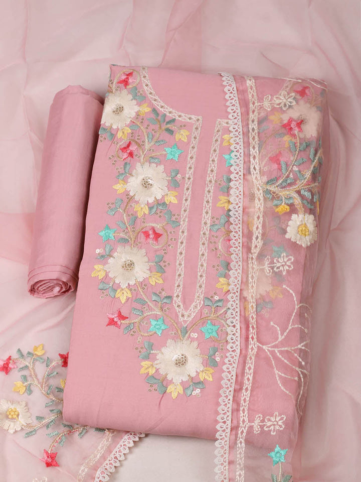 Embroidered Chanderi Unstitched Suit With Pant &amp; Dupatta