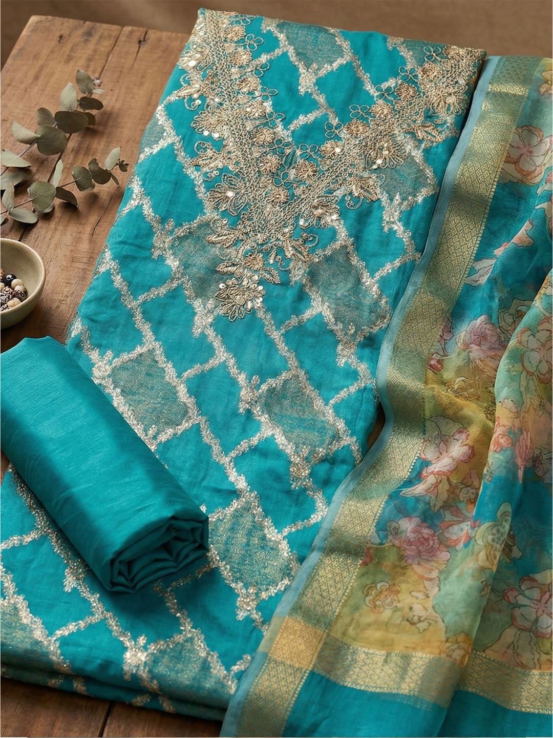 Embroidered Cotton Blend Unstitched Suit With Pant &amp; Dupatta