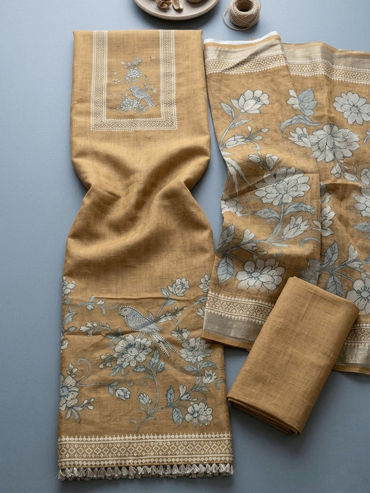 Embroidered Linen Blend Unstitched Suit With Pant &amp; Dupatta