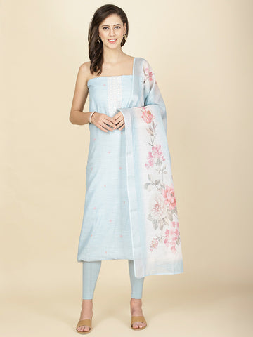 Neck Embroidered Linen Unstitched Suit Piece With Dupatta