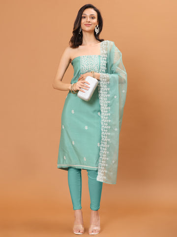 Neck Embroidered Chanderi Unstitched Suit Piece With Dupatta