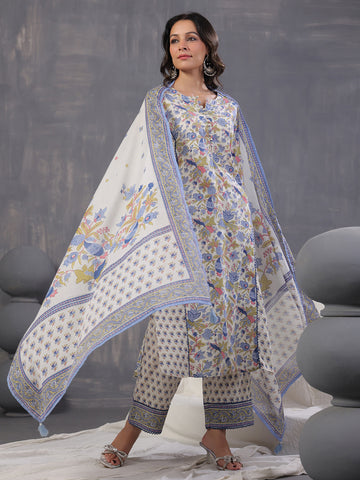 Floral Print Cotton Kurta With Pants & Dupatta