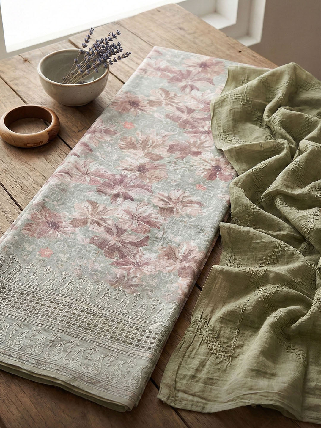 Embroidered Cotton Blend Unstitched Suit With Pant &amp; Dupatta