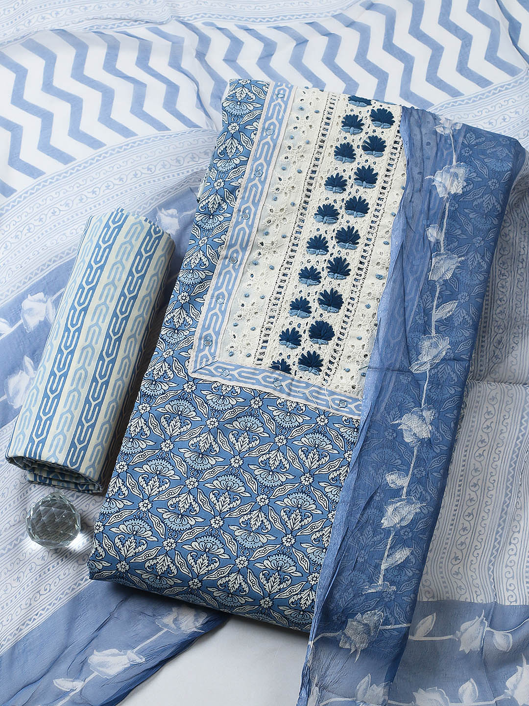 Embroidered Cotton Blend Unstitched Suit With Pant &amp; Dupatta