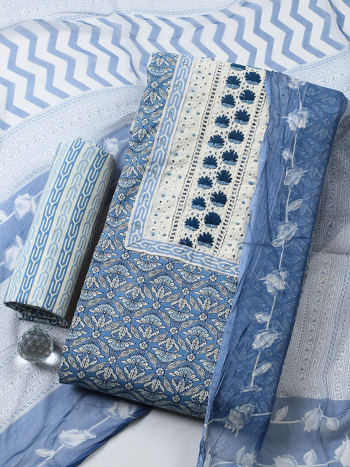 Embroidered Cotton Blend Unstitched Suit With Pant &amp; Dupatta