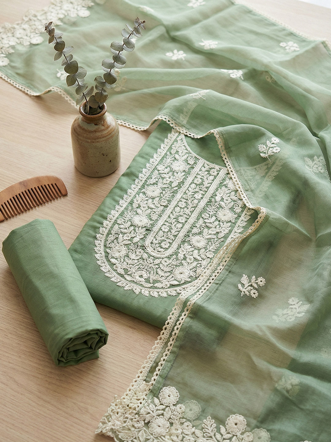 Embroidered Cotton Blend Unstitched Suit With Pant &amp; Dupatta