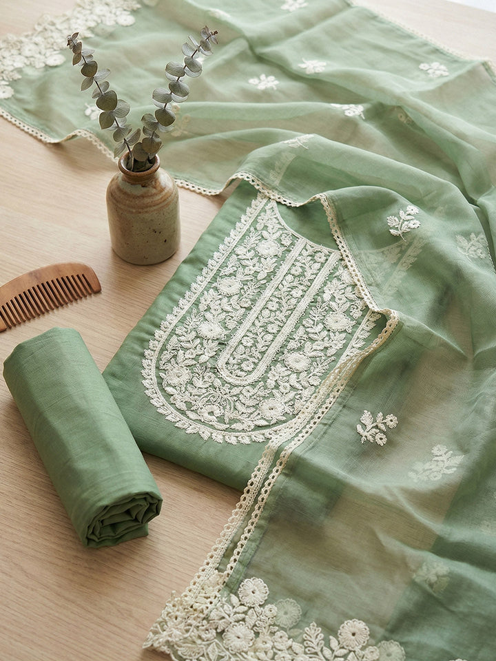 Embroidered Cotton Blend Unstitched Suit With Pant &amp; Dupatta