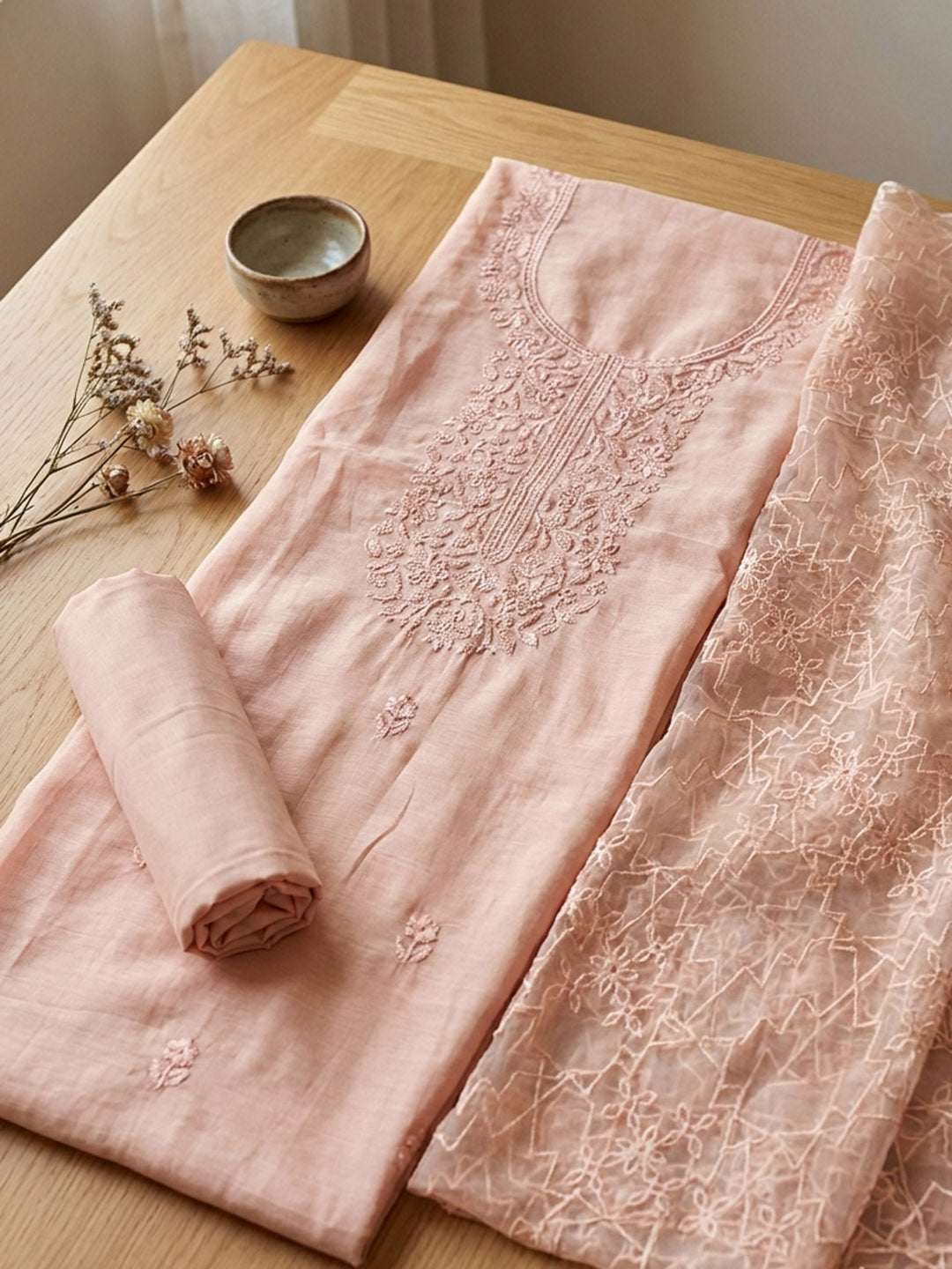 Embroidered Cotton Blend Unstitched Suit With Pant &amp; Dupatta