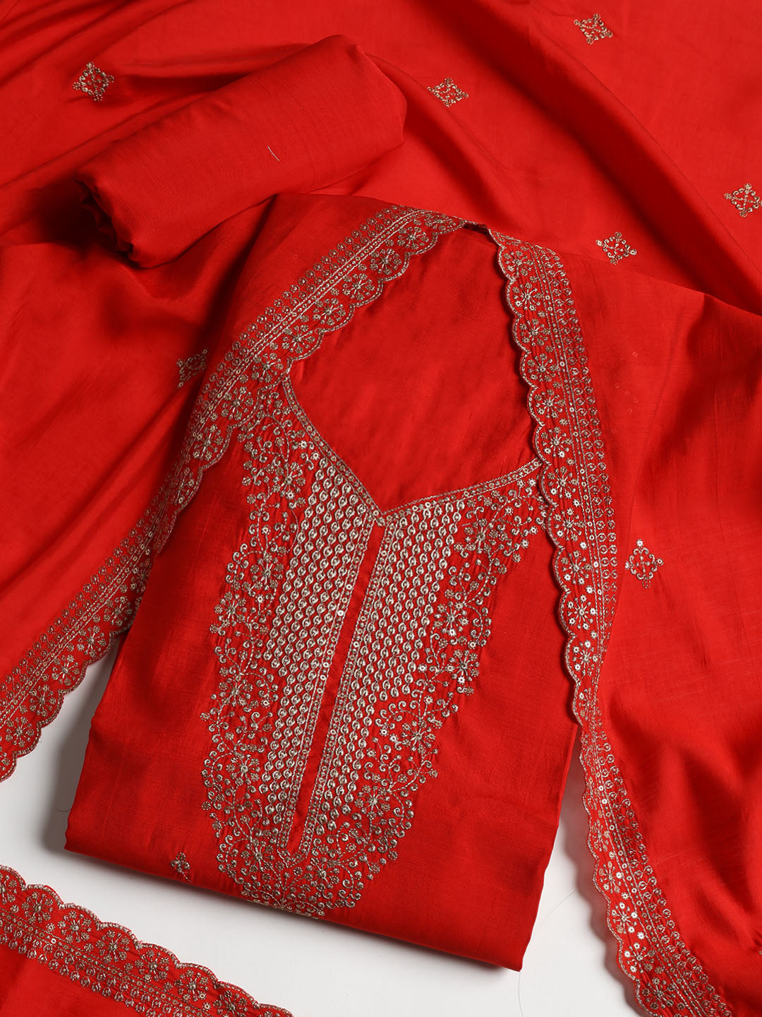 Neck Embroidered Chanderi Unstitched Suit With Dupatta