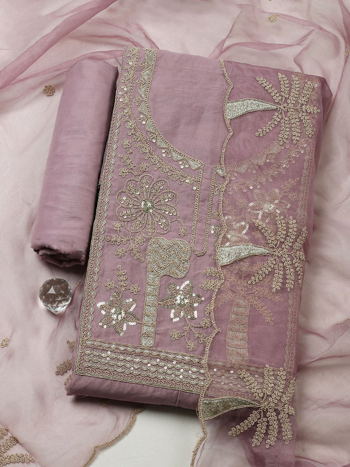 Embroidered Chanderi Unstitched Suit With Pant &amp; Dupatta