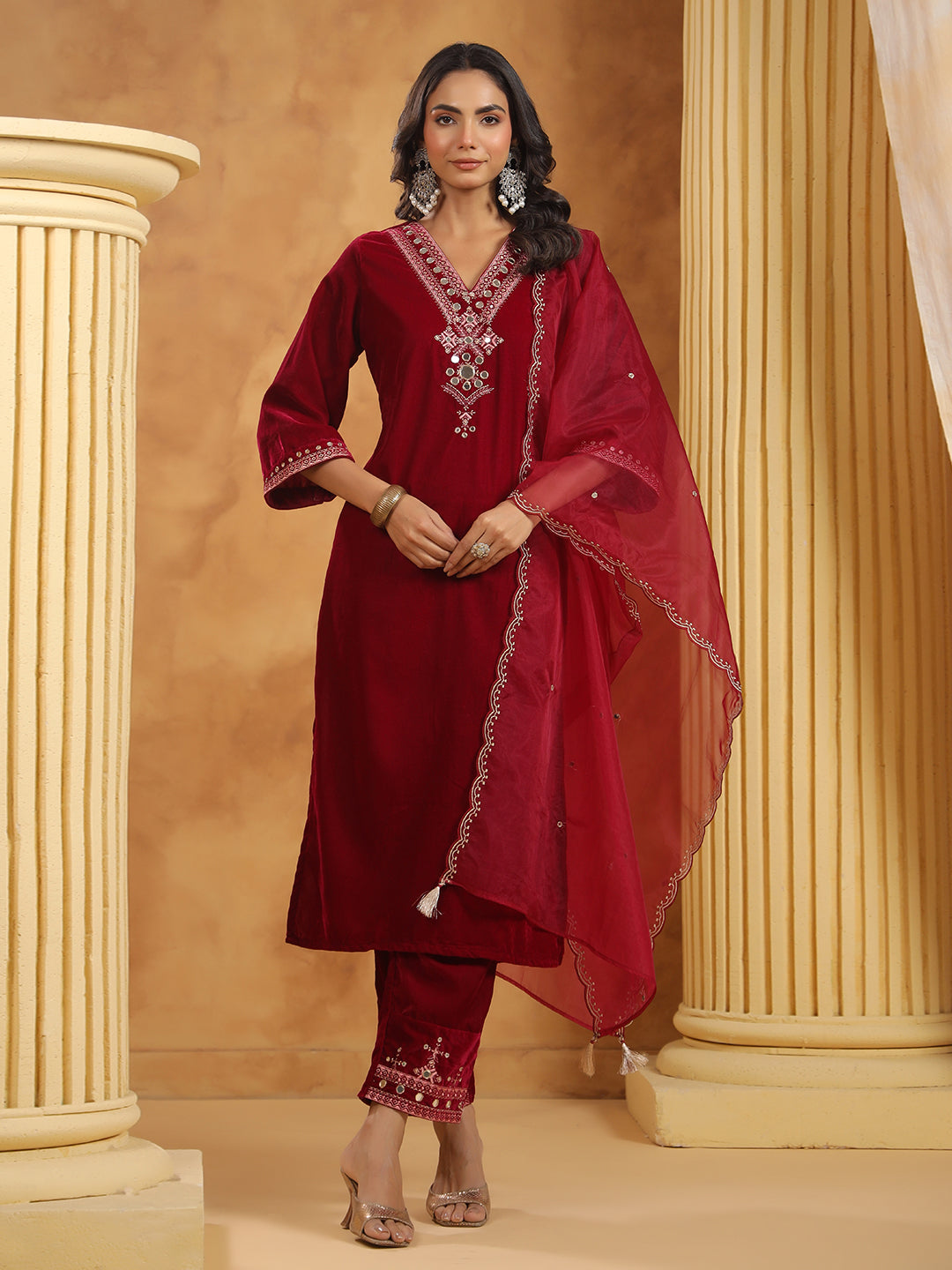 Neck Zari Embroidered Velvet Kurta With Pants & Dupatta