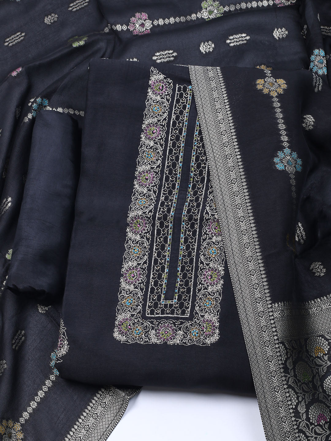 Embroidered Art Silk Unstitched Suit With Dupatta