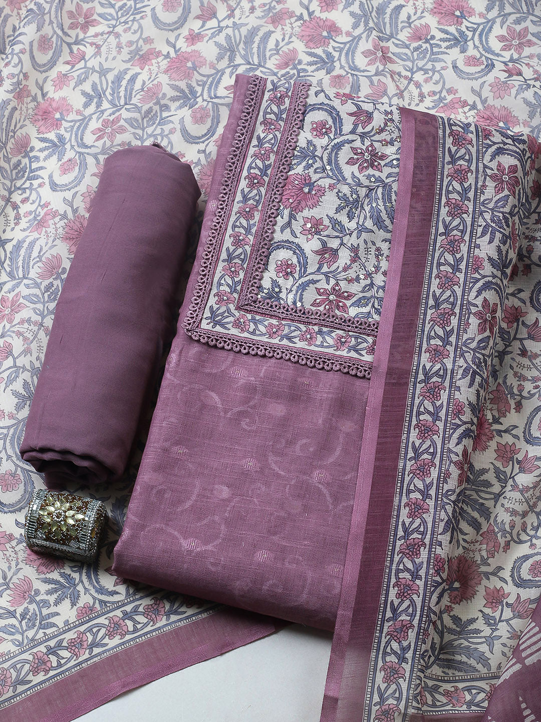 Embroidered Cotton Blend Unstitched Suit With Pant &amp; Dupatta