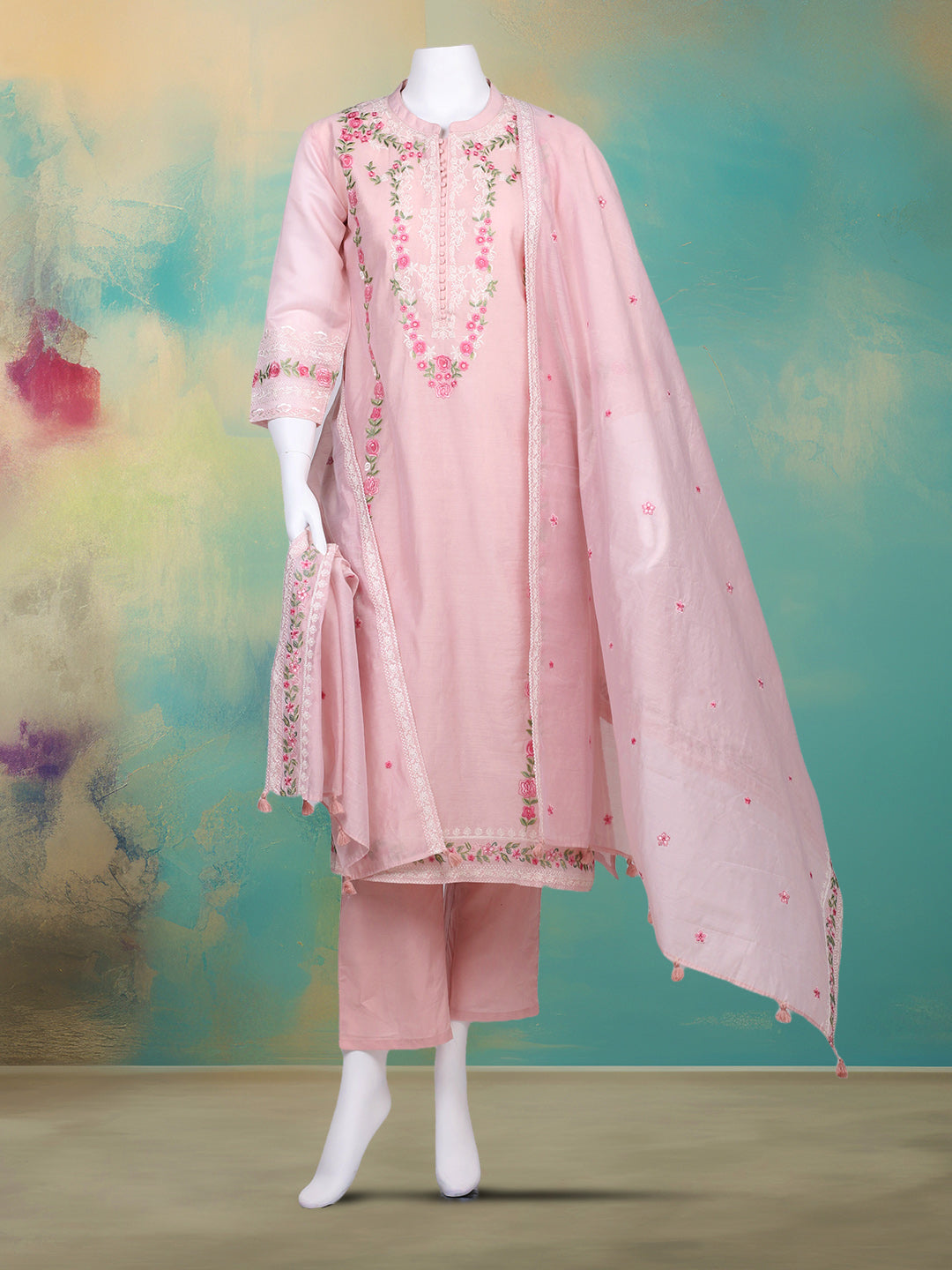 Embroidered Chanderi Kurta With Pant & Dupatta