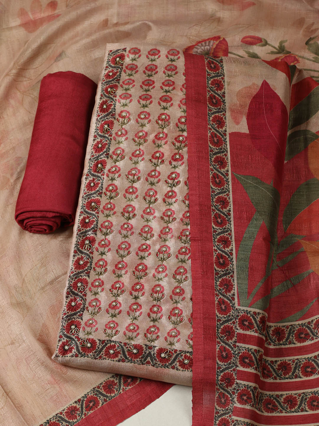 Embroidered Tussar Unstitched Suit With Pant &amp; Dupatta