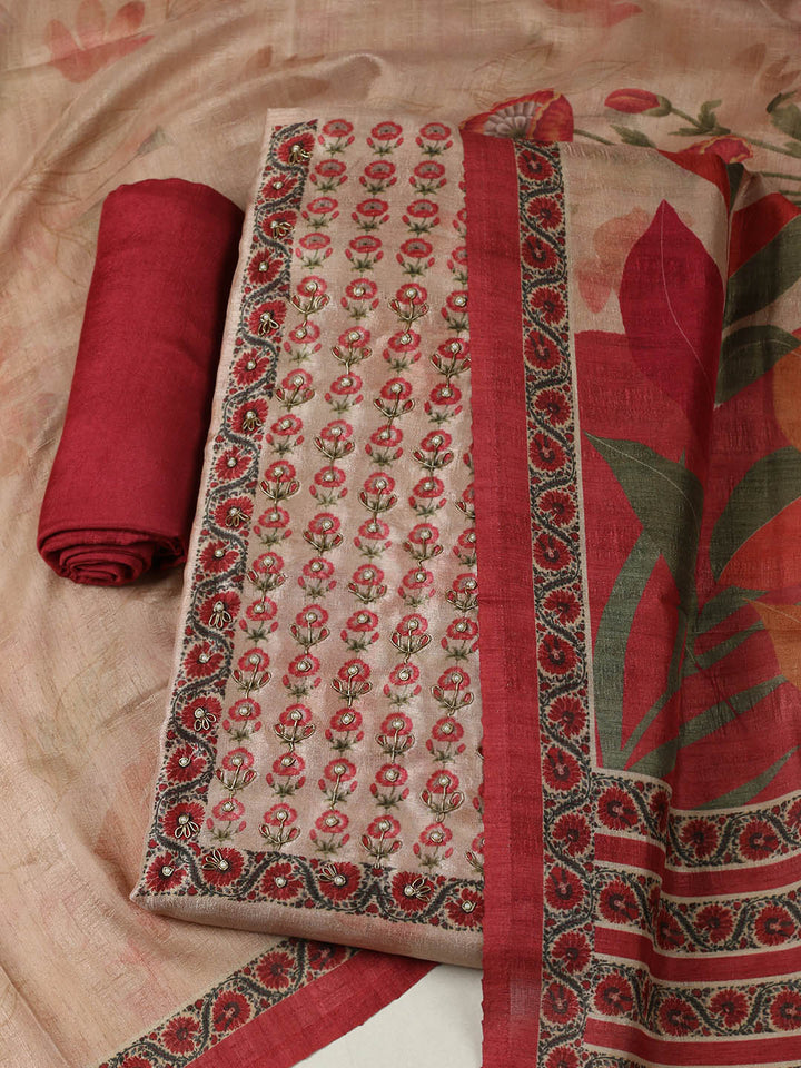 Embroidered Tussar Unstitched Suit With Pant &amp; Dupatta