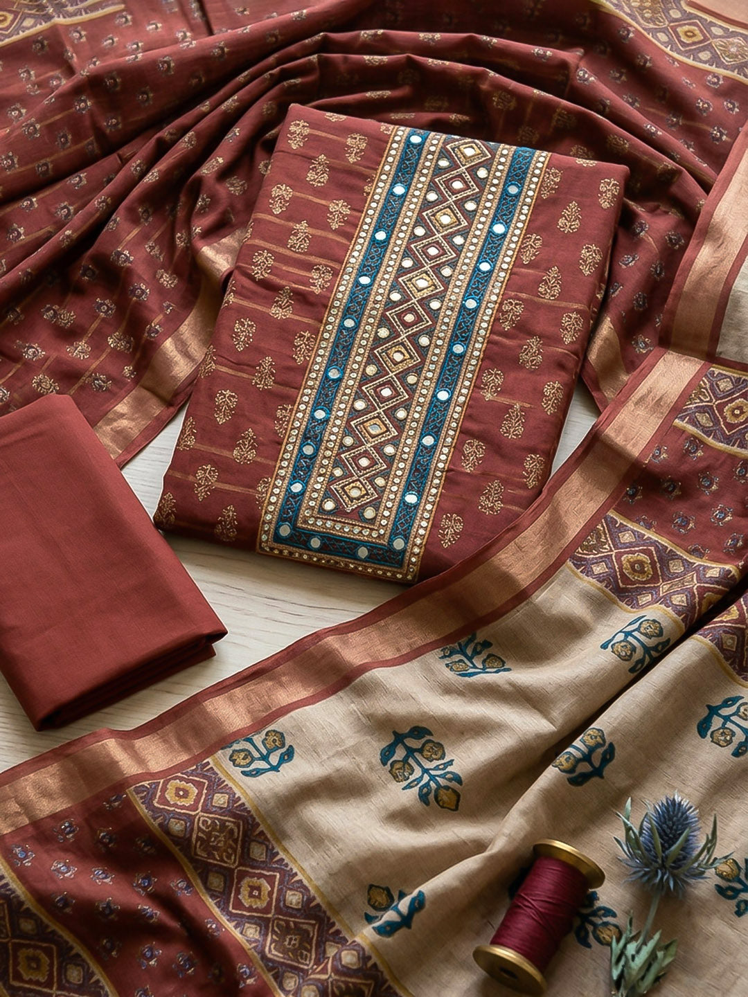 Embroidered Art Silk Unstitched Suit With Pant &amp; Dupatta